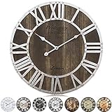 Westzytturm Vintage Wanduhr Holz Groß (Silber,46 cm Ø) Lautlos Quarzuhrwerk Rund 3D Deko Wanduhr Römische Ziffern, Wanduhren für Wohnzimmer,Schlafzimmer,Landhaus,Kü