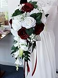 CHEZMAX Hochzeit Brautstrauß Künstliche Rosen Blumen mit Schleifen Wasserfall Blumen Strauß für Dek