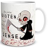 TRIOSK Tasse So viele Idioten und nur eine Sense mit Sensenmann Spruch lustig Fun Horror Geschenk für Arbeit Büro Kollegen Männer Frauen Beig