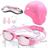 flintronic Schwimmbrille, mit Ohrstöpseln & Nasenclips & Badekappe UV-Schutz Schwimmbrille mit Anti-Beschlag, wasserdicht für Herren & D