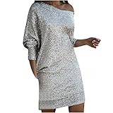 Blusenkleid Damen Pailletten Kleider Elegant Abendkleid Sexy V-Ausschnitt Ballkleid Sequins Paillettenkledi Langarm Tunika Minikleid Langarmkledi Kalte Schulter Freizeit Partykleid Knielänge D
