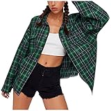 AFFGEQA Damen Langarm Karierte Hemdjacke Kragen Lange Knopf Bluse Lange Hemdbluse Button Down Shirt Tunika Loose Hemd Karo Casualhemd Arb