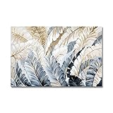 ZNYB Bilder Kunstdrucke Malerei Abstrakte goldene Blatt Blume Wandkunst Leinwand Malerei Nordic Schwarz weiße Federn Poster Druck Wandbild für Wohnzimmer Dek