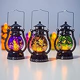 KAIKEA 3 Stück Halloween Laterne, Vintage Hexe Fledermaus Druck LED Tischlaternen Kleine Öllampe Ornament, Indoor Outdoor Tragbares Nachtlicht, Gartendekoration Weihnachtsfeier Home Requisiten G