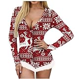 Komiseup Damen Weihnachten Nicht Positioniert Print V-Ausschnitt Feder Detail Langarm Sexy Body Sexy Dessous Pyj