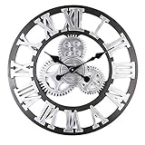 XHAEJ Retrouhr Handmade 3D Retro Wanduhr Vintage Getriebe Holz Saat Wanduhr Römische Zifferndesign Für Dekoration (Color : Silver, Size : 30cm)