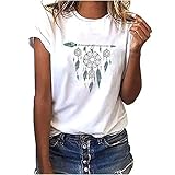 Damen T-Shirt Weiss Vintage mit Aufdruck Traumfänger Tshirt Modal Retro Flowers Dream Catcher Kurzarm Top Teenager Mädchen Sportshirt Lady Kurzarm Mode Rundhals Sommershirts Basic Shirt B