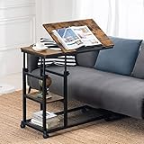 YOUDENOVA Beistelltisch C-Form Wohnzimmertisch mit Rollen Tischplatte neigbar mobiler Couchtisch höhenverstellbar mit Metallgestell Sofatisch Holz Nachttisch Betttisch B