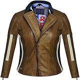 Redteigr Damen Lederjacke Laerke– Klassische Bikerjacke Damen mit Umlegekragen und Streifen - Echtleder Jacke aus feinstem Lammnappa Leder - Tobacco (M)