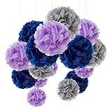 AKlamater Seidenpapier Pompoms Deko Hochzeit, 18er Set Pompoms Deko Tissue PomPon Paper Flower Kit für Hochzeit, Geburtstag, Party Champagner(Grau, Blau, purple)