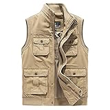 AMZWMFW Herren Casual Frühling Herbst Ärmellos Weste Baumwolle Leichte Outdoor Multi-Pockets Werkzeug Angeln Jacke Khaki M