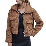 Vmiozizc Jackets for Women Zip Up Long Sleeve Short Cardigan Warm Lamb Wool Winter Coat Faux Shearling Jacket with Pockets-Large,Brow