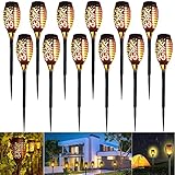 12 Stück solar fackeln garten, IP65 Wasserdicht Fackel Gartenbeleuchtung, solar laterne für draußen, 12 LED-gartenfackel mit flamme, Solarleuchten fire stick , für gartenparty deko-Auto Ein /