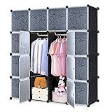 LARS360 DIY Kleiderschrank Regalsystem Garderobe aus Kunststoff Garderobenschrank Steckregalsystem Bücherregal Tragbarer Faltschrank mit Türen (16 Würfel Schrank mit 2 Kleiderstange)