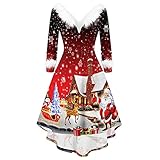 Weihnachtskleid Damen 3D Optiken Druckkleider Kleid A-Linie Vintage Swing Kleid Langarm Abendkleid Elegantes Kurzarmkleid Blumenspitze Kleid mit ohne Ä