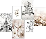 artpin® Moderne Poster Set - Bilder Wohnzimmer Deko Schlafzimmer - Paris Blumen schwarz weiß Beige Bilderwand ohne Rahmen ( 4x A4 | 2x A5) W14
