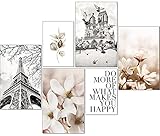 artpin® Moderne Poster Set - Bilder Wohnzimmer Deko Schlafzimmer - Paris Blumen schwarz weiß Beige Bilderwand ohne Rahmen ( 4x A4 | 2x A5) W14