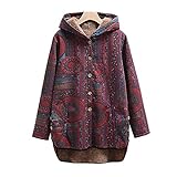 Zilosconcy Wintermantel Damen Lang Warm Gefüttert Langarm-Taschenjacke Mit Ethno-Print Kunstpelz Jacke Weich Sweatshirt Mit Kapuze Kapuzenpullover Reißverschluss Für F