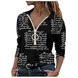 XIAOYUER Damen T-Shirt Zipper Langarm Polo Shirt Sommer Urlaub Tee Brief Druck V-Ausschnitt Sanft Hautfreundlich Schlank Frauen Tops Grau Schwarz S M L XL XXL XXXL Pullover Sweatshirt Bluse D