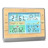 Mulcort Wetterstation, RF Drahtlose Wetteruhr, Display Datum Woche Innen Außentemperatur Luftfeuchtigkeit Mondphase Wettervorhersage 4-stufige Hintergrundbeleuchtung Einstellb