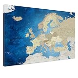 LANA KK - Europakarte Leinwandbild mit Korkrückwand zum pinnen der Reiseziele – Europakarte Meerestiefe - deutsch - Kunstdruck-Pinnwand Globus, Premium - 2cm, in 100 x 70