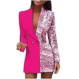 yiouyisheng Damen Blazer Kleid Elegant Herbst Winter Berufskleid Nähte Cardigan Batikdruck V-Ausschnitt Strickjacke Langarm Anzug Blazer Kleid Frauen Pailletten Patchwork Club Mantel Jack