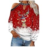 Eaylis Damen V-Ausschnitt Langarm T-Shirt Weihnachten Sexy Off Shoulder Weihnachtspullover Lässig Elch Weihnachtsbaum Drucken Teenager Mädchen Lose Christmas Pullover Sweatshirt Pulli Ob