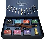 Kalligraphie-Set, 22-teilig – Enthält 7 Flaschen Inks, 12 Federn, schreibfeder Holzstift, einen goldenen Stifthalter und Einführung