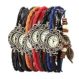 Culater® 6 Stück retro vintage Leder Frauen Armband Wickelarmband Perlen Armbanduhr mit Blatt Anhäng