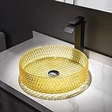 Kristallglas-Waschbecken, runde Badezimmer-Waschbecken-Schüssel, mit mattem schwarzem Messing-Wasserfall-Wasserhahn, Combo-Pop-Up-Ablauf-Montagering-Set (gelb)