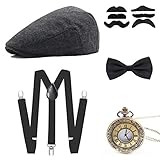 Wagoog 1920s Gatsby Herren Accessoires, 20er Jahre Herren Mafia Kostüm Set mit Panama Gangster Hut, Verstellbar Elastisch Hosenträger, Herren Halsschleife Fliege und Vintage T