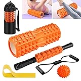 Faszienrolle, Qveetry Foam Roller Faszienrolle Sets mit Massageroller Stab, Widerstandsbänder Krafttraining, 33cm Schaumstoffrolle für Yog