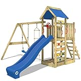 WICKEY Spielturm Klettergerüst MultiFlyer mit Schaukel & Blauer Rutsche, Kletterturm mit Sandkasten, Leiter & Spiel-Zubehö