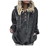 iHENGH Damen Herbst Winter Fuzzy Kapuzenpullover Übergröße Teddy-Fleece Fluffy Langarm Pullover Kapuzenjaken, 1/4 Reißverschluss Oversize Sweatshirt Warm Taschen Hoodie Jaken (B-Grau,4XL)