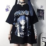 KAL'ANWEI Sommer T-Shirt Weibliche Harajuku Lose Rundhals-Cartoon Drucken Kurzarm Punk Dark Streetwear Gothic Tops Kleidung-Schwarz_XXL