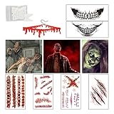 Halloween Tattoo，Halloween Schminke Narben Tattoo Set，Zombie Make Up Zubehör Accessoires, Zombiezähne，Halloween Vampir Tattoo Gesicht für Kinder Erwachsener Damen für Halloween Deko Party