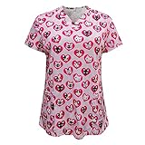 Kasacks Damen Pflege Motiv Valentinstag Herz Lippen Druck V-Ausschnitt Mock Wrap Scrub Unisex Top Einfarbig Kurzarm Gute QualitäT V-Neck Top LäSsig Sommer Arbeitsuniform Bluse T-Shirt U