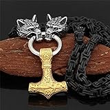 JYNQR Wikinger Religiöse Amulette mit Schwarzen König Kette, Herren Thor Hämmer Halskette 4 Farbe Vivid Anhänger,Gold,50CM / 20 IN