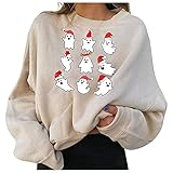 STOREYH Süß Cartoon Weihnachten Druck Pullover Fleece Tops Damen Elegant Langarm Rundhals Wickel Einfarbig Oberteile Winter Freizeit Loose Tee Frauen T-Shirt Warme Bluse Vlies Sw