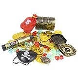 Schätze für Schatzsuche Spielzeugset Weihnachtsfeier Piraten Goldmünze Spielzeugkiste mit Schloss enthält Kompass Piraten Augenklappe Goldmünzen Schmucksteine usw für Piraten Thema Party G
