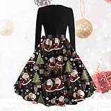 Damen Weihnachten Kleider Weihnachtsmotiv Swing Kleid Langarm A-Linie Weihnachtskleid Christmas Party Kleid Dress Mode Frauen Herbst Weihnachten O-Ausschnitt Druck Lose Bequemes Langarmk