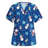 Damen Pflege Kurzarm 3D Drucken T-Shirt Arbeitsuniform mit Tasche Schlupfhemd Berufskleidung Arbeitskleidung Nurse Kasack Uniformen Weihnachtsbluse Frauen Karikatur Hemd Tops Bluse Ob