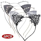 5 PCS Katzenohren Haarreif Spitze Katzenohren Damen Haarreifen Mit Ohren Schwarz Strass Silber Katze Ohren Stirnbänder Katzenohren Form Haarschmuck Haarbänder Cosplay Halloween Kostüm Party F