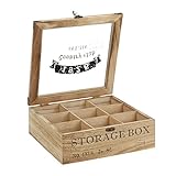 ToCi Teebox Holz Natur mit 9 Fächern | Quadratische Teekiste Teedose Teebeutel Box Aufbewahrung | 24 x 24 x 8,5 cm (LxBxH) |'Storage Box' im Retro Look