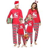Uniexcosm Weihnachten Schlafanzug Familien Pyjama Set Langarm Zweiteiliger Sleepwear Rundhals Hirsch Drucken Nachtwäsche Outfit Set für Mutter Vater Kinder Rot-Vater XXL