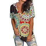 Damen T-Shirt Sommer-Kurzarm-Oberteile Vintage-Pullover im ethnischen Stil mit Tasche Schmale Tunika-Bluse mit V-Ausschnitt(XL,Gelb)