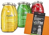 SmoothieDog 12er Pack Hundesmoothie + Lickimat Soother L 30,5x25,5cm - 4xLamm, 4xRind, 4X Huhn - je250ml Probierpaket - Gluten und Zuckerfrei (Orange)