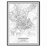 Paderborn Deutschland Karte Wandkunst Leinwand drucken Poster Artwork ungerahmt moderne Schwarz-Weiß-Karte Souvenir Geschenk Home D