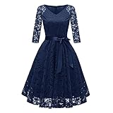 YWLINK Damen Elegant V Ausschnitt Spitzenkleid Abendkleider Partykleid Klassisch Cocktailkleid Ballkleid Lang Brautjungfern Kleid Vintage Festlich Party Aline Swing Kleid(M,Marine)