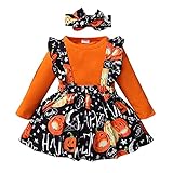 BIBOKAOKE Neugeborene Baby Mädchen Halloween Hosenträger Rock Outfits Langarm Rüschen Strampler Kleid Bowknot Stirnband Kleidungsset Kleinkind Kleidung Set Halloween Babyset Bekleidung